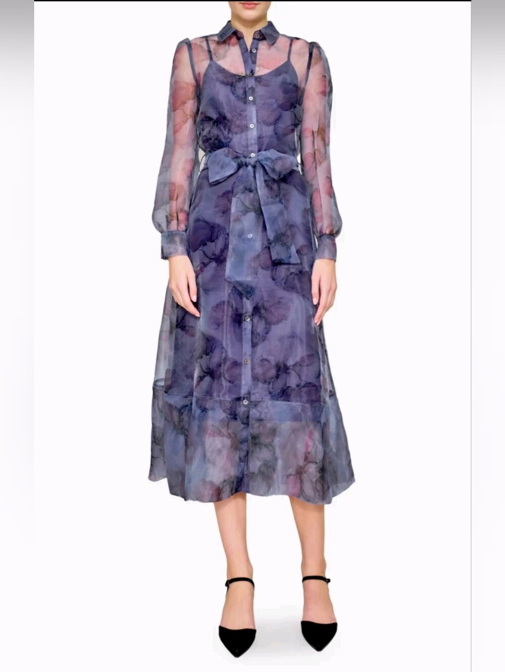 MELLODAY Long Sleeve Chiffon Dress- Navy/Purple Floral - SizeL - Picture 2 of 12